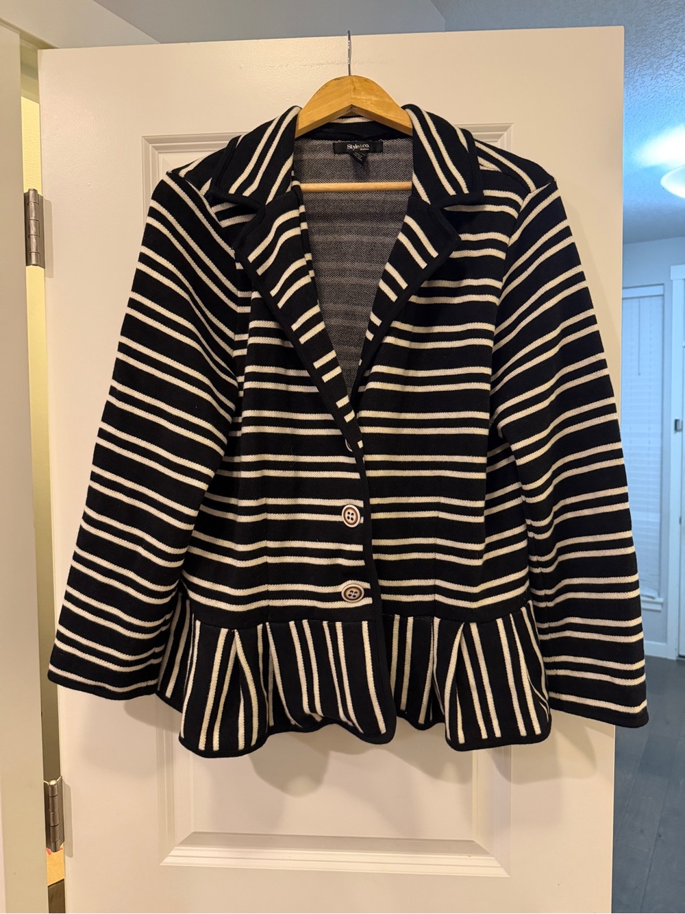 Style & Co. Black and White Striped Peplum Blazer